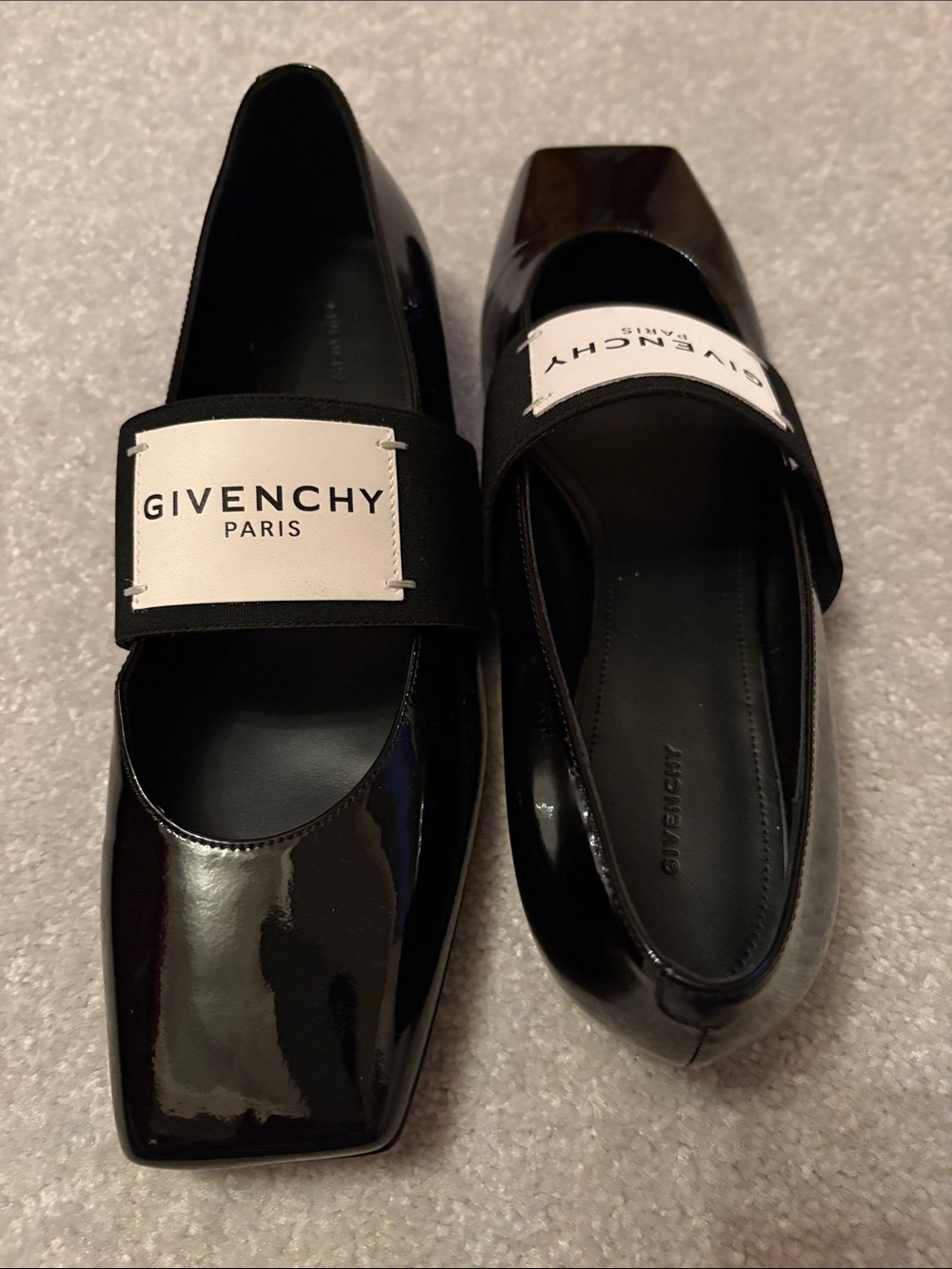 Brand New Givenchy Black Patent Leather Logo Strap Flats with White Logo Patch